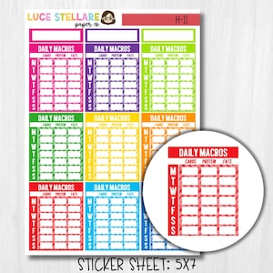 Puede incluir: Una hoja de pegatinas con coloridos rastreadores de macros diarios. Cada rastreador está etiquetado como "DAILY MACROS" e incluye secciones para carbohidratos, proteínas y grasas. Las pegatinas son de varios colores, incluyendo rosa, morado, verde, amarillo y azul. La hoja está etiquetada como "STICKER SHEET: 5X7".