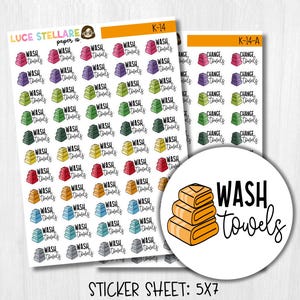 Op de afbeelding: Stickervellen met kleurrijke handdoekenillustraties en de woorden "Wash Towels" en "Change Towels". Een ronde sticker toont een stapel oranje handdoeken en de woorden "Wash Towels". De tekst "Sticker Sheet: 5x7" staat onderaan.
