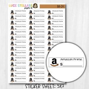 May include: A sticker sheet featuring multiple Amazon Prime logo stickers. Each sticker includes the Amazon logo, the words "Amazon Prime", and a space for a monetary value. The sheet is labelled "Sticker Sheet: 5x7".