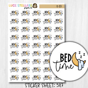 May include: A sticker sheet featuring multiple small decals with the text BED time, a yellow crescent moon, a light blue blanket, and black Zs. The top of the sheet displays Luce Stellare paper co and K-89. A large circular sticker shows the same design.