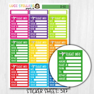 Op de afbeelding: Een stickervel met kleurrijke rechthoekige labels voor vluchtinformatie. Elk label bevat velden voor datum, luchtvaartmaatschappij, vluchtnummer en bestemmingen. Het vel is 12,7 x 17,8 cm en heeft een ronde sticker.