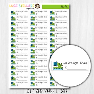 Op de afbeelding: Een stickervel van Luce Stellare Paper Co. met meerdere rechthoekige stickers met een blauw pijpictogram dat groene vloeistof in een bassin giet, de tekst sewage due en een dollarteken gevolgd door een lege regel voor bedragen.