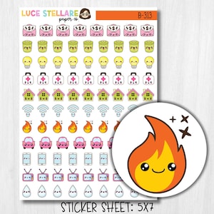 May include: A sticker sheet featuring a variety of colourful, cartoon-style icons, such as money envelopes, bins, light bulbs, first aid kits, houses, Wi-Fi symbols, flames, cars, smartphones, televisions, and water droplets. A circular sticker shows a smiling flame. The text "STICKER SHEET: 5X7" is at the bottom.