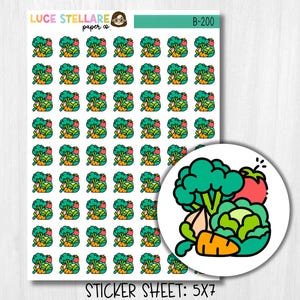 Puede incluir: Una hoja de pegatinas con ilustraciones de dibujos animados de verduras. Cada pegatina muestra brócoli, zanahorias, tomates y otros productos. La hoja incluye el texto "LUCE STELLARE paper co." y "B-200". La hoja de pegatinas mide 5x7 pulgadas (aproximadamente 12,7 x 17,8 cm).