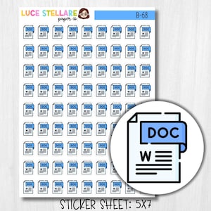 May include: A sticker sheet with numerous small stickers displaying a blue "DOC" icon and the letter "W" on a white background. A larger, circular version of the design is also present. The text "STICKER SHEET: 5X7" is at the bottom of the sheet.