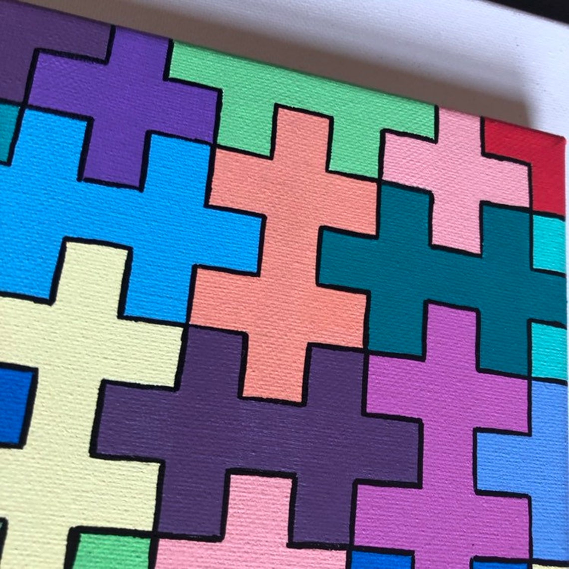 Puzzle Painting Canvas Abstract Geometric Wall Art Hard Edge Etsy