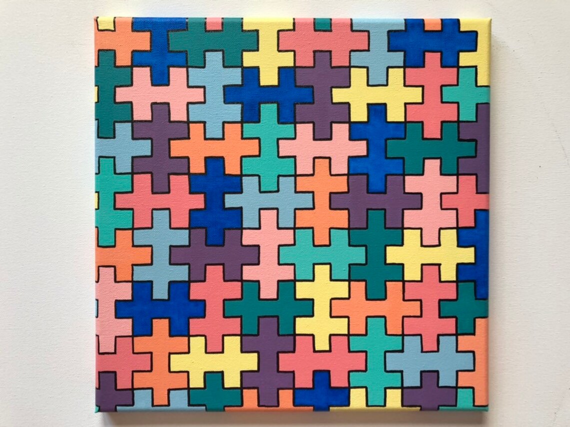 Puzzle Painting Canvas Abstract Geometric Wall Art Hard Edge Etsy