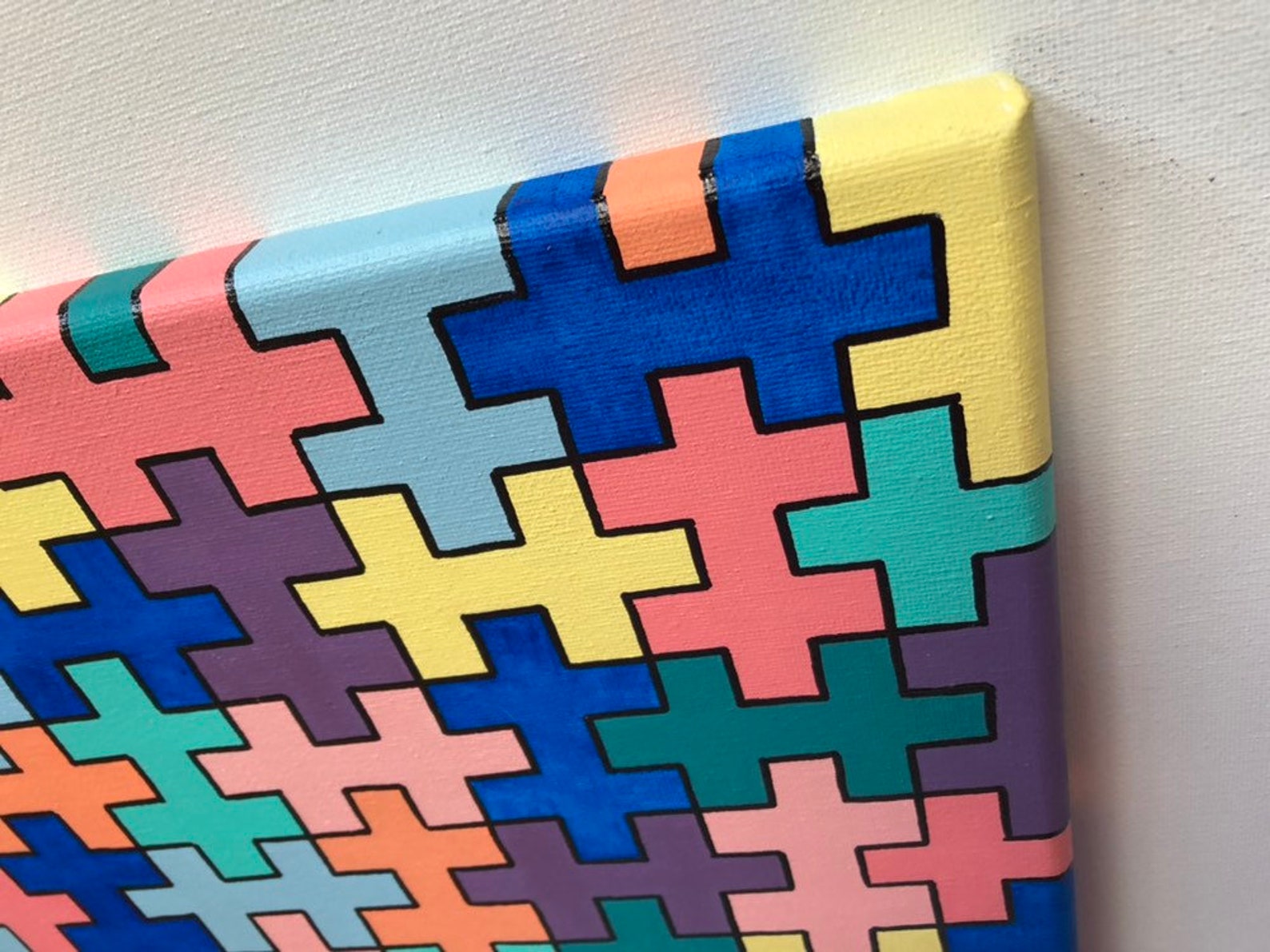 Puzzle Painting Canvas Abstract Geometric Wall Art Hard Edge Etsy