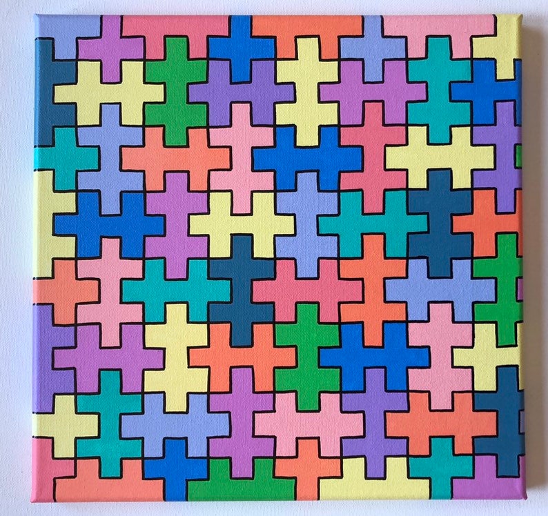 Puzzle Painting Canvas Abstract Geometric Wall Art Hard Edge Etsy