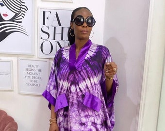 Adire Seiden Bubu Kleid, Tie Dye Kaftan, Afrikanisches Maxi Kleid
