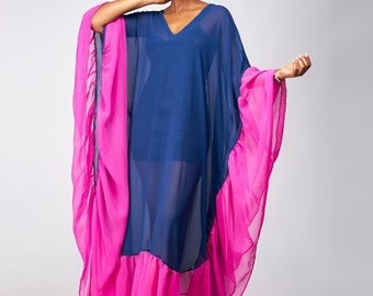 Flowy Blue Chiffon Resort Gown, Beach Ready Bohemian Maxi, Ladies Butterfly Ruffle Wedding Kaftan, Boho Vacation Swimsuit Cover Up Women