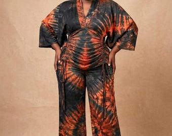 Adire Silk Tie Dye Trouser Set, Nigerian Two Piece Co-Ord, Wide Leg Palazzo Pants