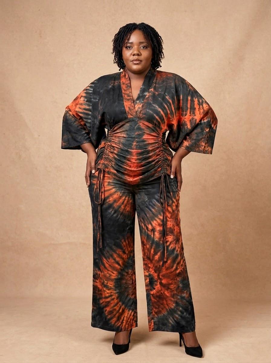 Adire Silk Tie Dye Trouser Set, Nigerian Two Piece Co-ord, Wide