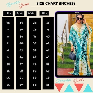 May include: Size chart for clothing in inches. The chart shows bust, waist, and hip measurements for sizes XS to 5X.