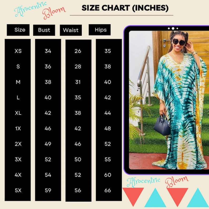 May include: Size chart for clothing in inches. The chart shows bust, waist, and hip measurements for sizes XS to 5X.