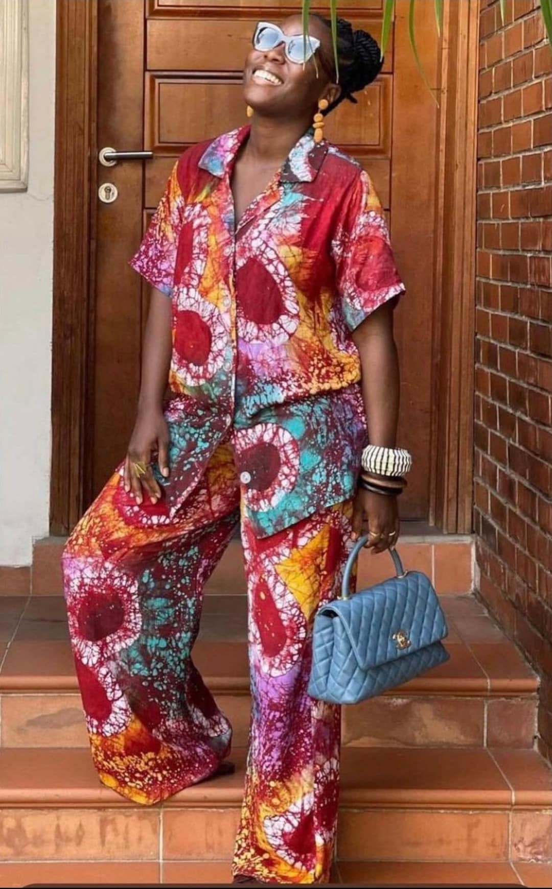 Colorful Adire Cotton Pant Set, Batik African Print 2 Piece Shirt