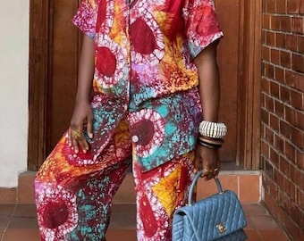 Colorful Adire Cotton Pant Set, Batik African Print 2 Piece Shirt, Hand Dyed Co-Ord for Women, Nigeria Summer Vacation, CUSTOM MEASUREMENT