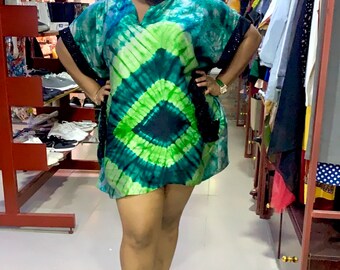Adire Silk Dashiki Kaftan Dress, Short Sleeve Tie Dye Gown with Pockets