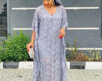 Grey Party Lace Bubu Dress, Luxury Occasion Kaftan With Matching