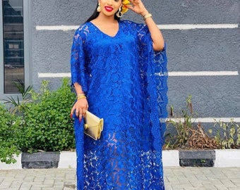 Cord Lace Kaftan Dress, Nigerian Bridal Luxury Gown with Scarf