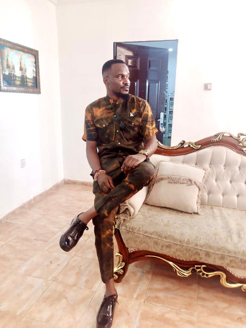 2 Piece Adire Silk Mens Suit, Tie Dye Shirt With Matching Trousers