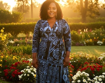 Custom Blue Adire Wrap Dress, Hand Dyed Kaftan, Floor Length Gown