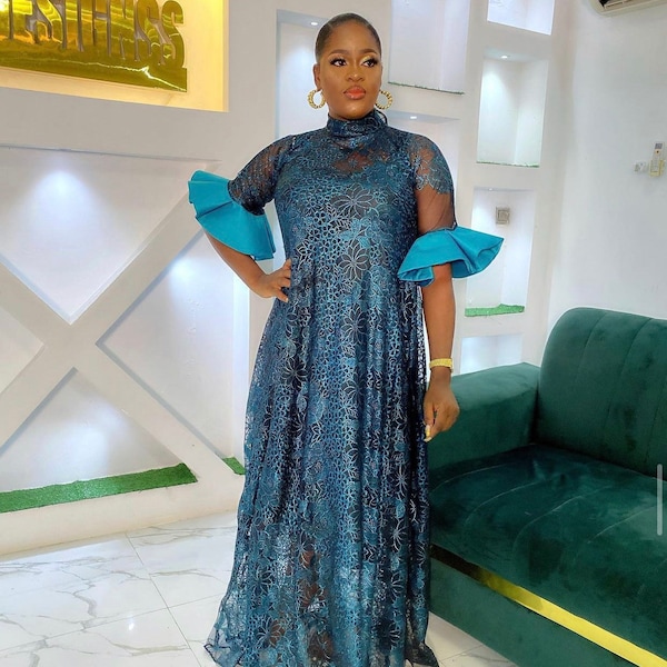 Latest Nigeria Fashion Blue Lace Bubu Dress, Nigerian Luxury Party Kaftan, Occasion Church Wedding Outfit for Women, Africa Aso Ebi Wedding