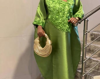 Mikado Silk Kaftan Dress, Rose Embellishment, Nigerian Bubu Tunic