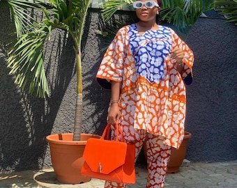 Adire Cotton Trouser Set, Ankara Kaftan Outfit, Plus Size Two Piece