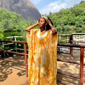 Yellow Adire Silk Dress with Scarf, Tie Dye Nigeria Casual Party Maxi, Maternity Ankara Kaftan, African Fabric Church Bubu