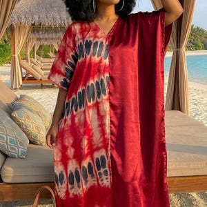 Handfärgad Adire sidenkaftan maxi, afrikansk boubou semesteroutfit, sommarstrandklänning med bubu