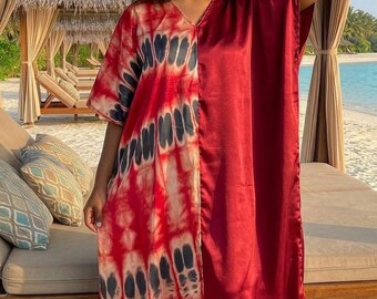 Hand-Dyed Adire Silk Kaftan Maxi, African Boubou Vacation Outfit, Summer Beach Bubu Dress
