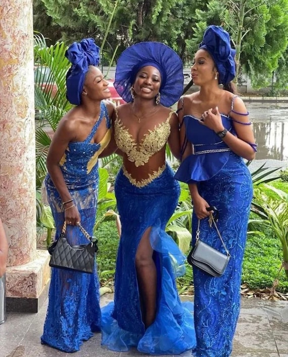 Nigerian Lace Bridesmaid Dress, Aso Ebi Wedding Outfit, Matching Headwrap -  Etsy Finland