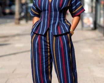 Cotton AsoOke Peplum Suit Set, Handwoven Nigerian Traditional Wear,  Elegant African Women's Two-Piece, Yoruba Corporate Office Dress