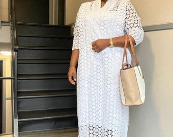 Alluring White Cord Lace Bubu Dress, Agbada Style Nigerian Luxury Party Kaftan with Matching Scarf, Minimalist Church Wedding Guest Outfit