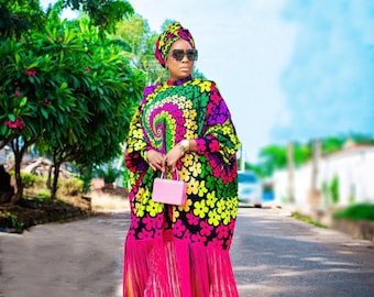 Ankara Kaftan with Fringe, African Bubu Dress and Headwrap, Asoebi Outfit