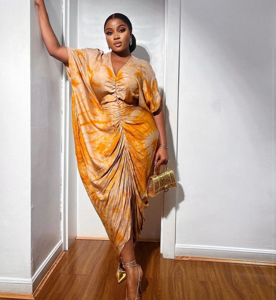 Handmade Adire Silk Midi Dress, Nigerian Wedding Guest Outfit