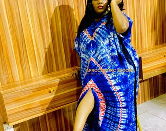 Handmade Adire Silk Kaftan Dress with Scarf, V-Neck Fringe Maxi