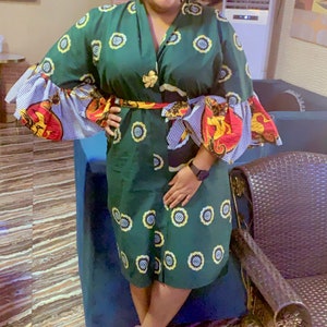 Nigerian Ankara Wrap Dress, Kimono Flutter Sleeve Dress, Wax Cotton Print Asoebi Dress, Minimalist African Women Kaftan, Casual African Robe