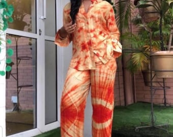 Adire Silk 2 Piece Trouser Shirt, Long Sleeve Pant Blouse Set, Nigerian Women Dress Co Ord, Tie Dye Outfit, Kindly Send Your Measurements