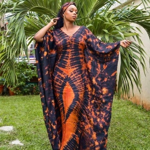 Pretty African V-Neck Adire Silk Dress with Scarf, Tie Dye Nigeria Casual Party Maxi, Maternity Ankara Kaftan, Ethnic Fabric Church Bubu