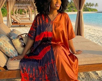 Hand-Dyed Adire Silk Kaftan Maxi, African Boubou Vacation Outfit, Summer Beach Bubu Dress