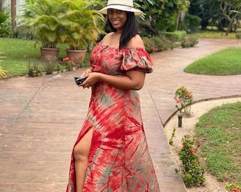 Off Shoulder Adire Silk Dress, Nigeria Women Summer Kaftan, African Maxi with Slit, Bohemian Tie Dye Party Tunic, Wedding Guest Outfit