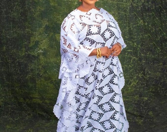 Stunning White Cord Lace Bubu, Nigerian Luxury Party Kaftan with Headwrap, Lady Minimalist Church Wedding Outfit, Has White Inner Slip Dress