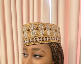 Hand Beaded Cap, Luxury Nigerian Asoebi Wedding Hat,  Custom Created Runway Fashion Cap, Personalized Choose Your Colors