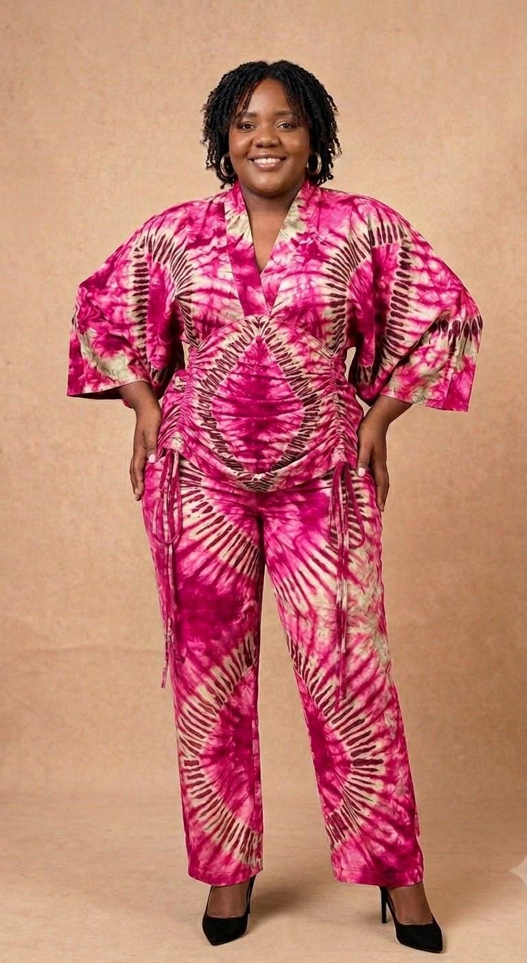 Adire Silk Tie Dye Trouser Set, Nigerian Two Piece Co-ord, Wide