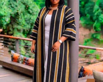 Long Aso Oke Duster | Striped African Kimono Jacket | Ethnic Yoruba Fabric Outerwear | Nigerian Statement Cover Up | Women's Boho Suit Coat