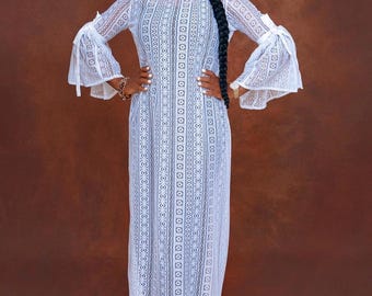 Handmade White Lace Dress: Flare Sleeves, Nigerian Wedding Guest Outfit
