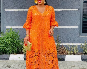 Cord Lace Bubu, Nigerian Wedding Guest Party Kaftan with Matching Scarf, Inner Slip Dress Can Be Made Longer, Different Colors Available