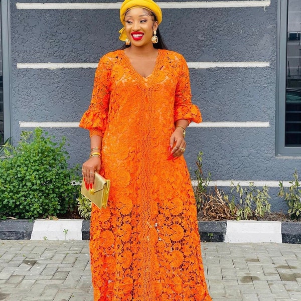 Cord Lace Bubu, Nigerian Wedding Guest Party Kaftan with Matching Scarf, Inner Slip Dress Can Be Made Longer, Different Colors Available